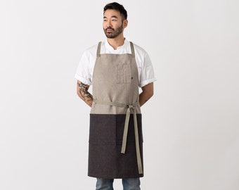 Cross Back Apron | Black and Tan, 2-Tone | Chefs, kitchen, baking, restaurant | Women or Men | Hand-loomed | pockets | adjustable