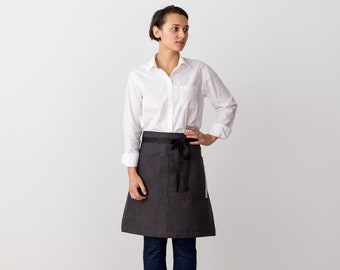 Bistro sever half apron for women, men | Charcoal Black with Blk Straps | Waist apron for waitress, waiter | Canvas | Professional