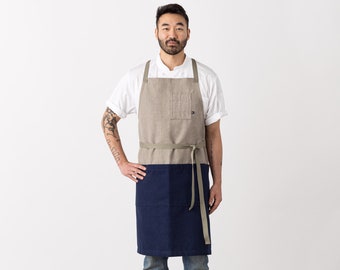 Cross Back Apron | Navy Blue and Tan, 2-Tone | Chefs, kitchen, baking, restaurant | Women or Men | Hand-loomed | pockets | adjustable