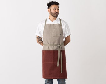 Cross Back Apron | Maroon and Tan, 2-Tone | Chefs, kitchen, baking, restaurant | Women or Men | Hand-loomed | pockets | adjustable, burgundy