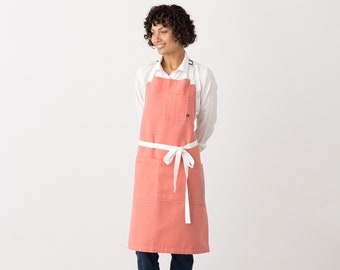 Chef Apron with Pockets | Coral Pink with White Straps | Hand Loomed | 100% Cotton | Men, Women | Kitchen, Restaurant, Professional