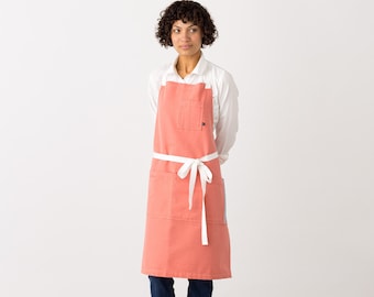 Cross Back Apron | Coral Pink | Chefs, kitchen, baking, restaurant | Women or Men | Hand-loomed | pockets | adjustable | comfortable