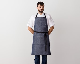 Blue Denim chef apron for men w/ pockets | Black Straps | Cotton canvas | Adjustable strap | Ideal for kitchen, baking, BBQ | Professional