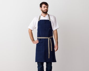 Tablier de chef pour homme ou femme | Bleu marine avec sangles beiges | Toile 100% coton | Tissé à la main | Poches | Cuisine, Restaurant, Professionnel