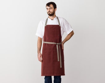 Chef Apron with Pockets | Maroon with Tan Straps | Hand Loomed | 100% Cotton | Men, Women | Kitchen, Restaurant, Professional