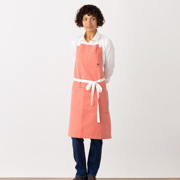 Cross Back Apron | Coral Pink | Chefs, kitchen, baking, restaurant | Women or Men | Hand-loomed | pockets | adjustable | comfortable