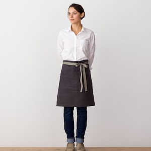 Bistro server half apron for women, men | Charcoal Black canvas with Tan Straps | Waist style for waitress, waiter | Restaurant professional