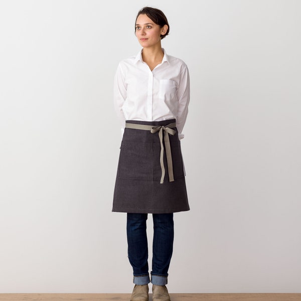 Half schort Bistroserver voor dames, heren | Houtskoolzwart canvas met bruine bandjes | Taillestijl voor serveerster, ober | Restaurantprofessional