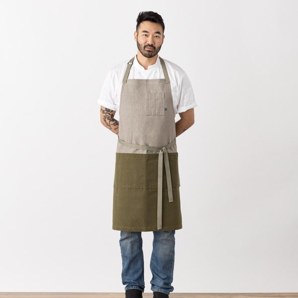 Chef Apron with Pockets | Olive Green and Tan, 2-Tone | Canvas, adjustable | Kitchen, baking | Men, Women | Kitchen, Restaurant, Pro Quality