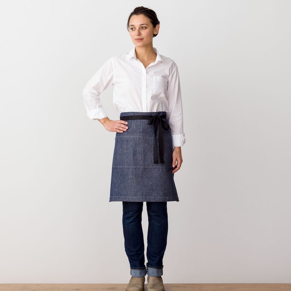 Blue Denim server half apron | Black Straps | Bistro restaurant waist style for waitress, waiters | Women, Men | Canvas | Professional