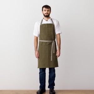 Chef Apron with Pockets | Olive green, canvas, adjustable | Kitchen, baking | Hand-loomed | Men, Women | Kitchen, Restaurant, Professional