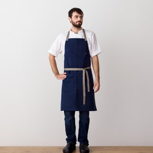Chef Apron for Man or Woman | Navy Blue with Tan Straps | 100% Cotton Canvas | Hand Loomed | Pockets | Kitchen, Restaurant, Professional