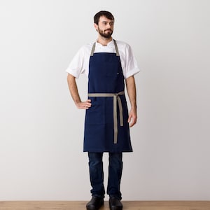 Chef Apron for Man or Woman | Navy Blue with Tan Straps | 100% Cotton Canvas | Hand Loomed | Pockets | Kitchen, Restaurant, Professional