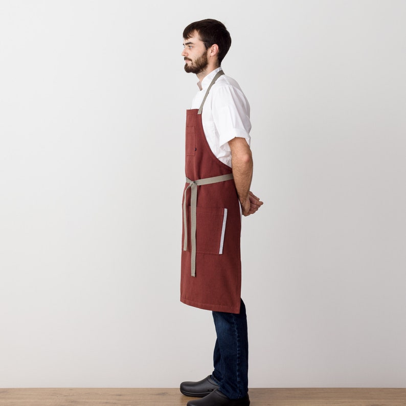 Chef Apron with Pockets Maroon with Tan Straps Hand Loomed 100% Cotton Men, Women Kitchen, Restaurant, Professional image 2