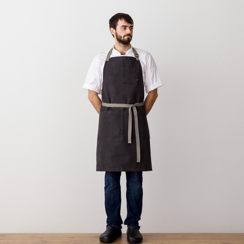 Chef Apron with Pockets Charcoal Black with Tan Straps Hand Loomed 100% Cotton Men, Women Kitchen, Restaurant, Professional image 1