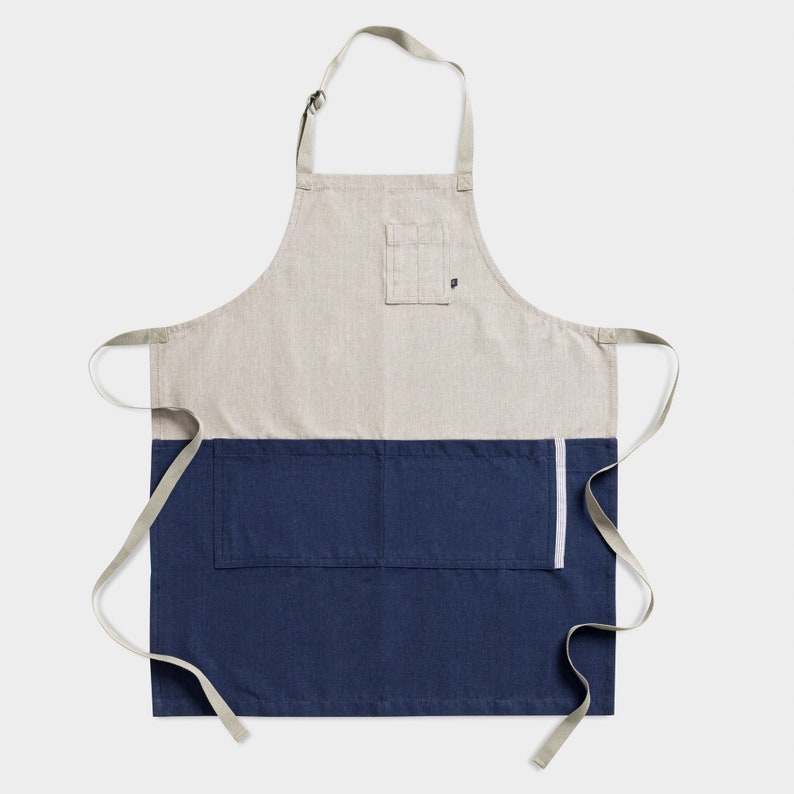 Chef Apron with Pockets Navy Blue and Tan, 2-Tone Canvas, adjustable Kitchen, baking Men, Women Kitchen, Restaurant, Pro Quality image 4