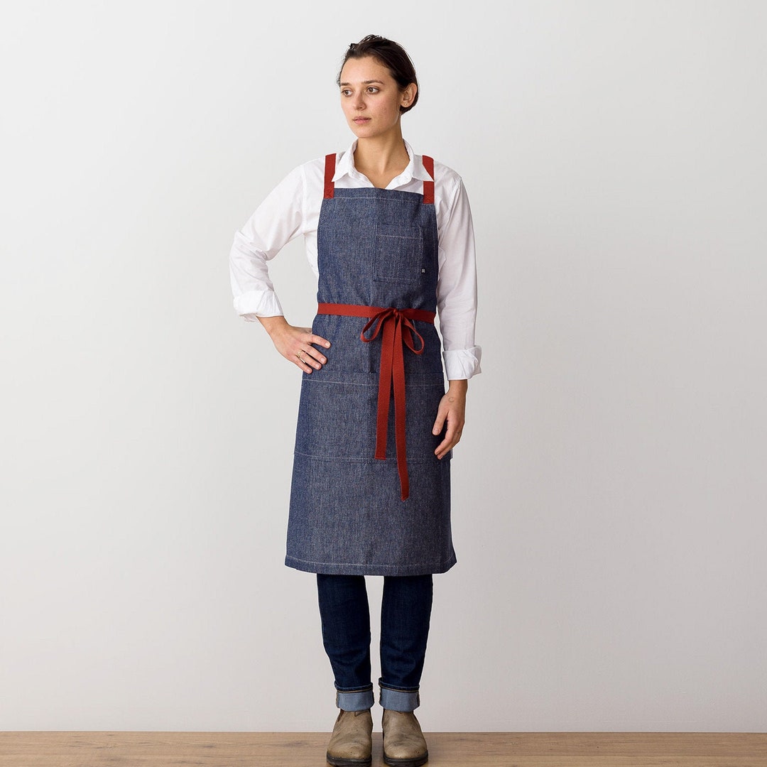 Cross Back Blue Denim Apron With Red Straps Chefs, Kitchen, Baking