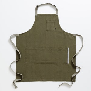 Chef Apron with Pockets Olive green, canvas, adjustable Kitchen, baking Hand-loomed Men, Women Kitchen, Restaurant, Professional image 7