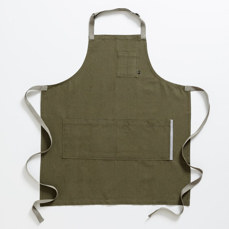 Chef Apron with Pockets Olive green, canvas, adjustable Kitchen, baking Hand-loomed Men, Women Kitchen, Restaurant, Professional image 7