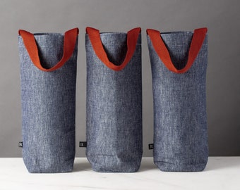 Fabric Wine Gift Bags, Set of 3, Blue Denim with Red Straps, Cotton Canvas, Includes Gift Tags, Reusable, Eco-friendly, Gift for Host