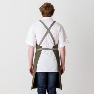 Cross back chef apron for men and women Olive canvas with Tan Straps and pockets Kitchen, baking, BBQ Professional quality image 2