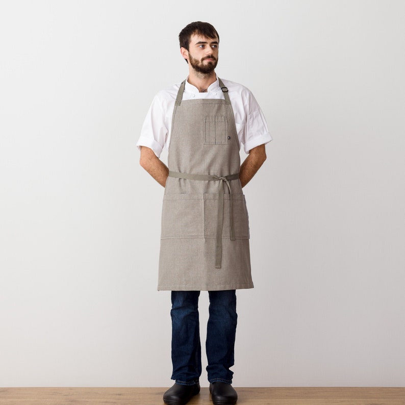 Tan Kitchen apron for women, men w/pockets Adjustable Tan Straps Chefs, bakers, and baristas Hand-loomed, cotton canvas Professional image 2