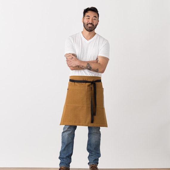 Bistro Server Half Apron For Women, Men | Charcoal Black Canvas With Tan Straps | Waist Style For Waitress, Waiter | Restaurant Professional - View #6