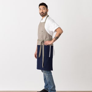 Chef Apron with Pockets Navy Blue and Tan, 2-Tone Canvas, adjustable Kitchen, baking Men, Women Kitchen, Restaurant, Pro Quality image 2