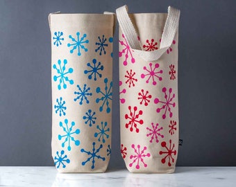 Holiday Wine Bag | Blue Snowflakes | Canvas Wine Gift Tote, Includes Gift Tag, Modern, Reusable, Great Hostess Gift, Stock Up