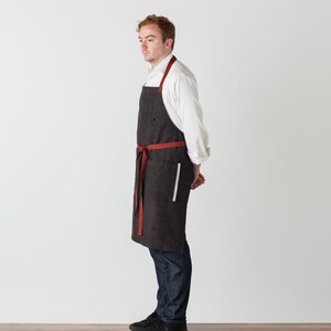 Chef Apron with Pockets Charcoal Black with Red Straps Hand Loomed 100% Cotton Men, Women Kitchen, Restaurant, Professional image 2