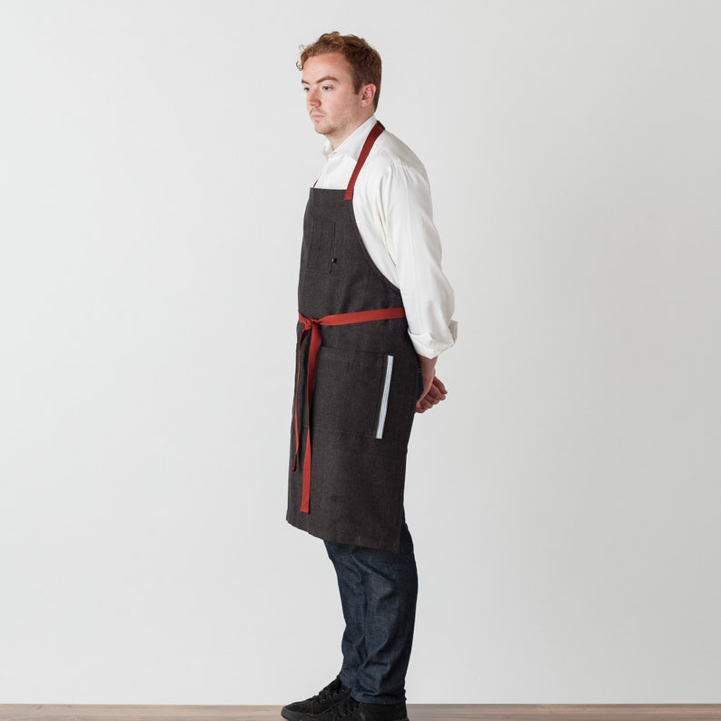 Chef Apron with Pockets Charcoal Black with Red Straps Hand Loomed 100% Cotton Men, Women Kitchen, Restaurant, Professional image 2