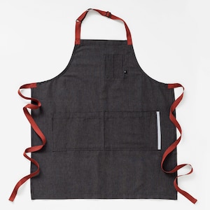 Chef Apron with Pockets Charcoal Black with Red Straps Hand Loomed 100% Cotton Men, Women Kitchen, Restaurant, Professional image 3