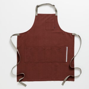 Chef Apron with Pockets Maroon with Tan Straps Hand Loomed 100% Cotton Men, Women Kitchen, Restaurant, Professional image 6