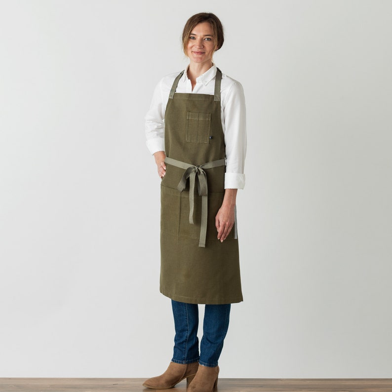 Chef Apron with Pockets Olive green, canvas, adjustable Kitchen, baking Hand-loomed Men, Women Kitchen, Restaurant, Professional image 2