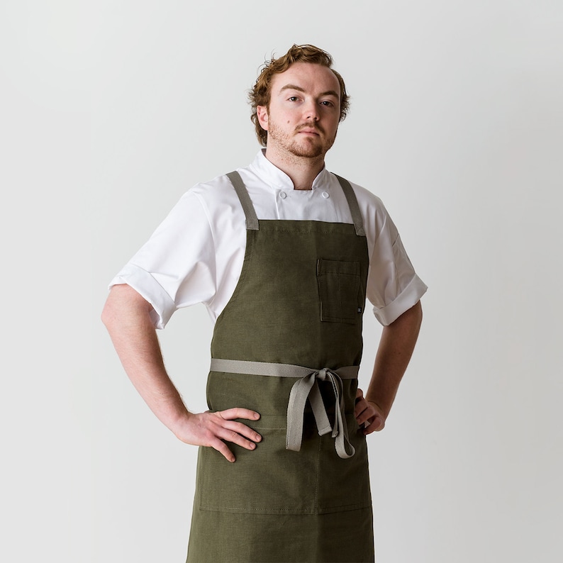 Cross back chef apron for men and women Olive canvas with Tan Straps and pockets Kitchen, baking, BBQ Professional quality image 1