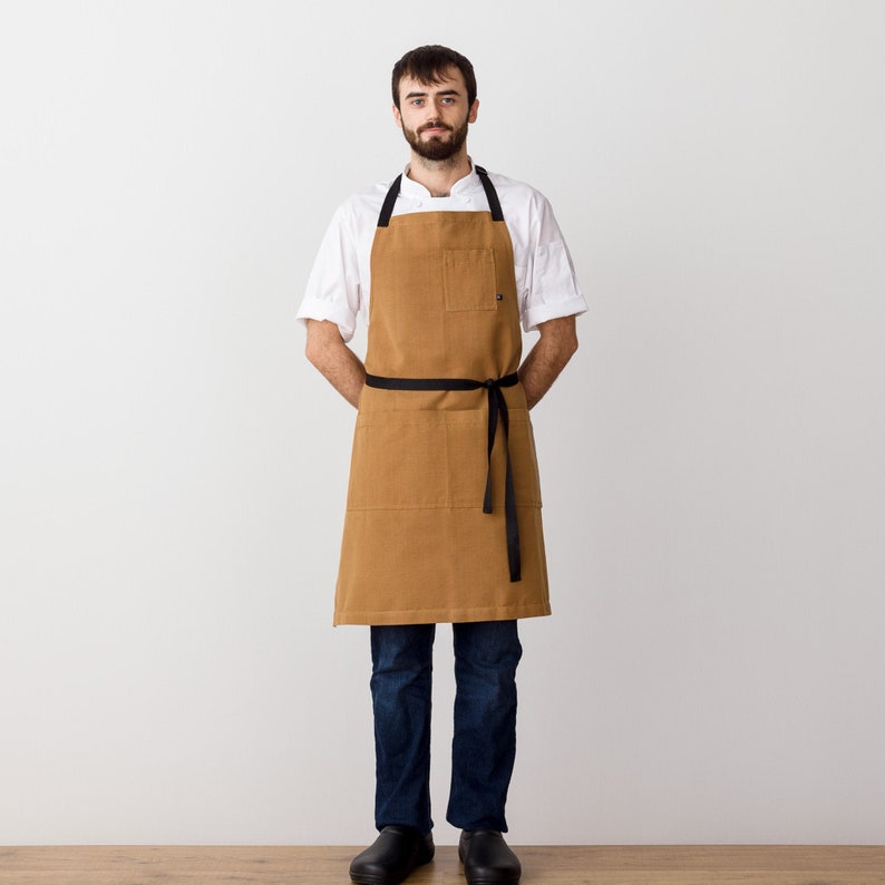 Apron for men with pockets Ochre with Black Straps Chefs, bakers, BBQ Hand-loomed, Cotton canvas Kitchen, Restaurant, Professional image 1