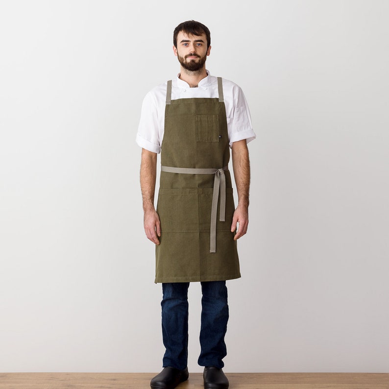 Cross back chef apron for men and women Olive canvas with Tan Straps and pockets Kitchen, baking, BBQ Professional quality image 3