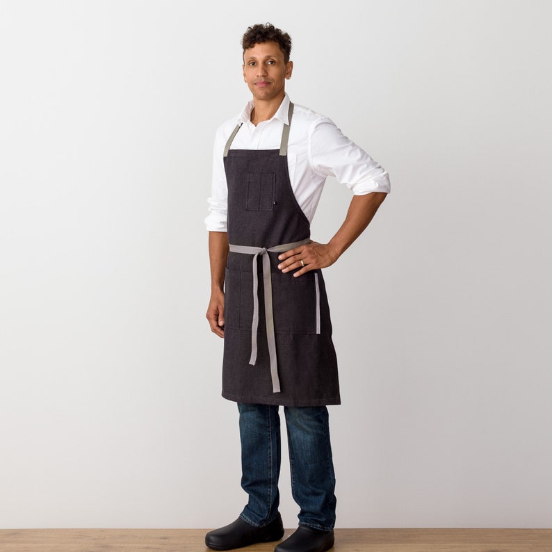 Chef Apron with Pockets Charcoal Black with Tan Straps Hand Loomed 100% Cotton Men, Women Kitchen, Restaurant, Professional image 2