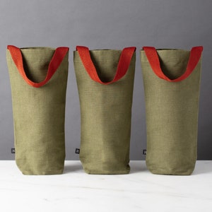 Fabric Wine Gift Bags, Set of 3, Holiday Green with Red Straps, Cotton Canvas, With Gift Tags, Modern, Reusable, Eco-friendly, Christmas