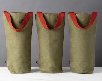 Fabric Wine Gift Bags, Set of 3, Holiday Green with Red Straps, Cotton Canvas, With Gift Tags, Modern, Reusable, Eco-friendly, Christmas
