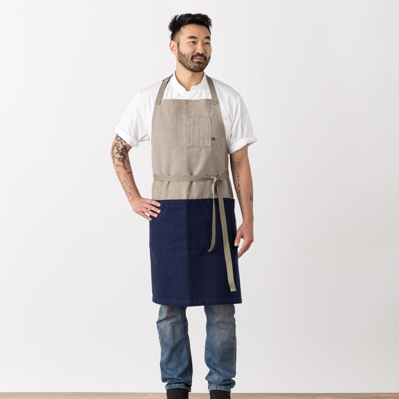 Chef Apron with Pockets Navy Blue and Tan, 2-Tone Canvas, adjustable Kitchen, baking Men, Women Kitchen, Restaurant, Pro Quality image 1