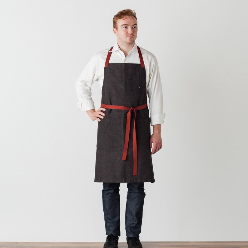 Chef Apron with Pockets Charcoal Black with Red Straps Hand Loomed 100% Cotton Men, Women Kitchen, Restaurant, Professional image 1