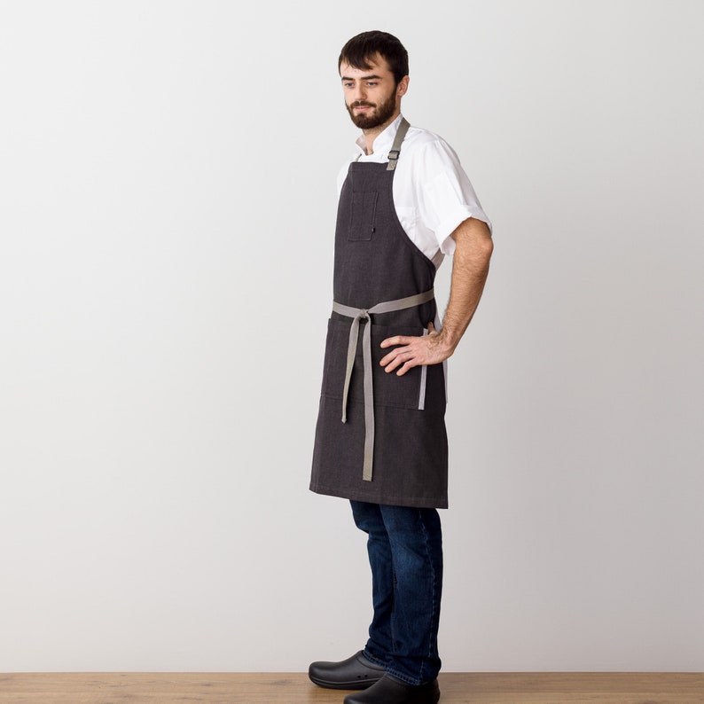 Chef Apron with Pockets Charcoal Black with Tan Straps Hand Loomed 100% Cotton Men, Women Kitchen, Restaurant, Professional image 3