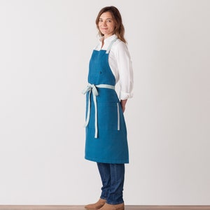 Chef apron for women, men Seaside Blue with Ice Straps Bakers, baristas Cotton Bright color Hand-loomed canvas Professional image 2