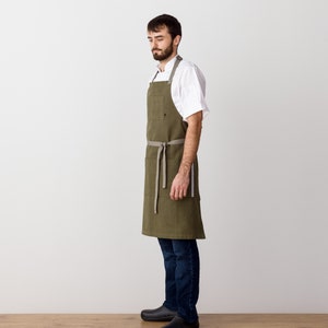 Chef Apron with Pockets Olive green, canvas, adjustable Kitchen, baking Hand-loomed Men, Women Kitchen, Restaurant, Professional image 3