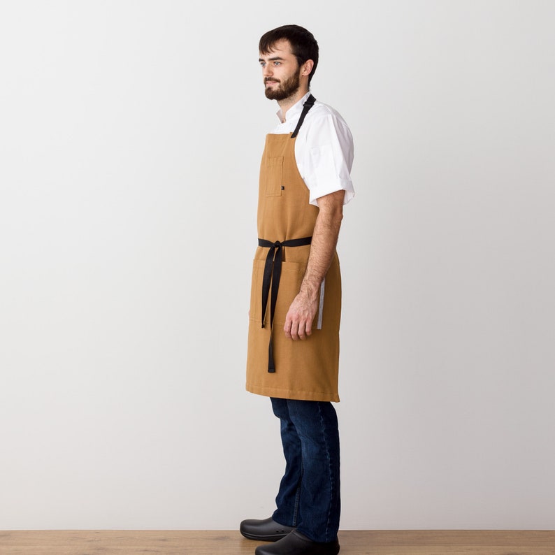 Apron for men with pockets Ochre with Black Straps Chefs, bakers, BBQ Hand-loomed, Cotton canvas Kitchen, Restaurant, Professional image 3