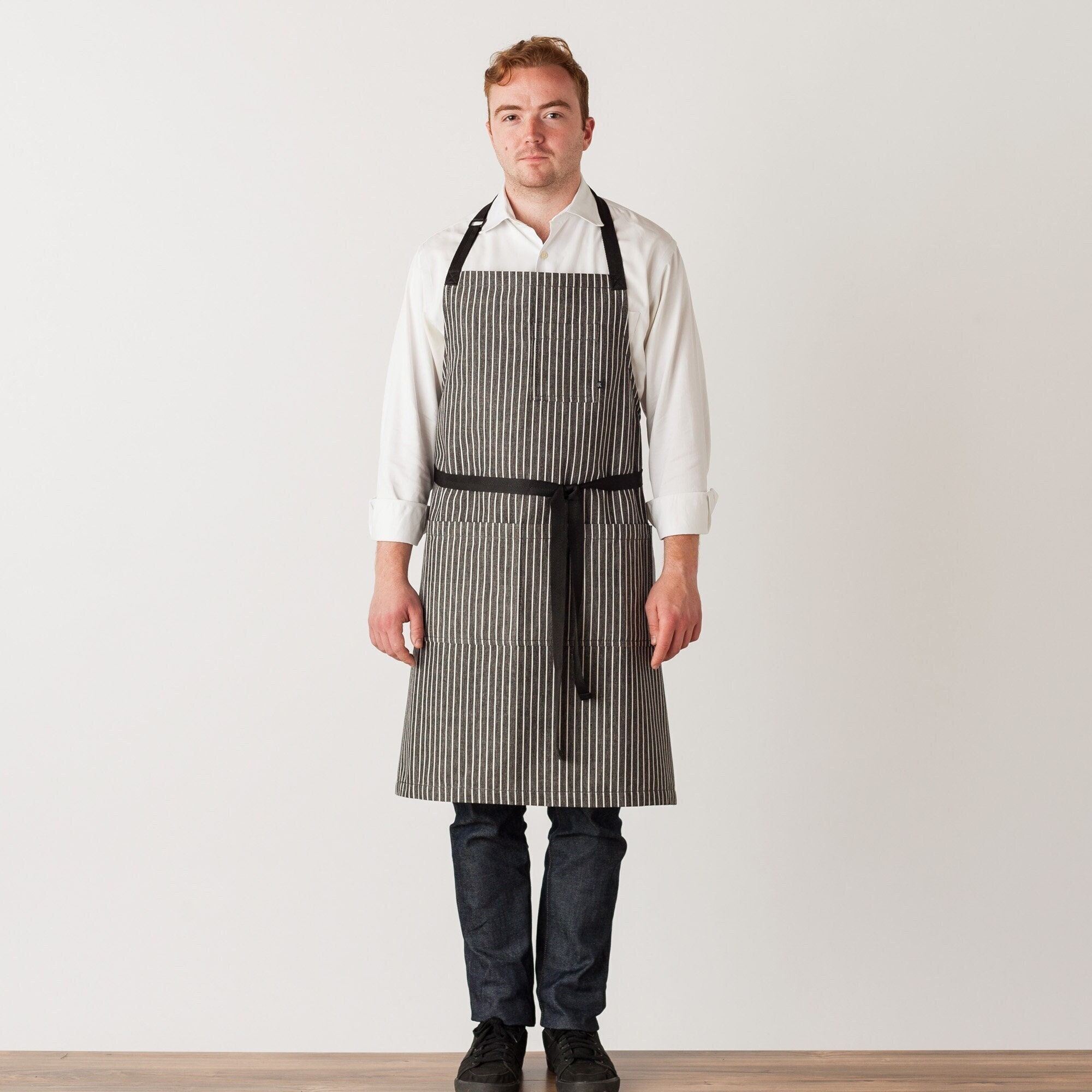 Chef Apron With Pockets | Charcoal Black With Railroad Stripes | Hand ...