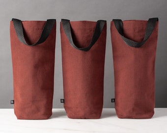 Fabric Wine Gift Bags, Set of 3, Maroon Red with Black Straps, Cotton Canvas, Includes Gift Tags, Modern, Reusable, Eco-friendly, Host Gift