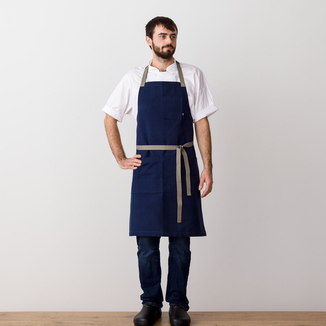 Chef Apron for Man or Woman | Navy Blue With Tan Straps | 100