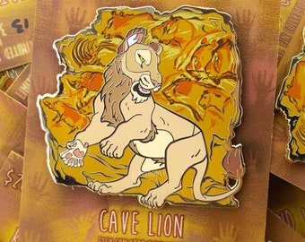 LIMITED EDITION Big and Wild Cats: Extinct Pleistocene Ice Age Eurasian Cave Lion Lascaux Cave Paintings Gold hard Enamel Pin 2.5"
